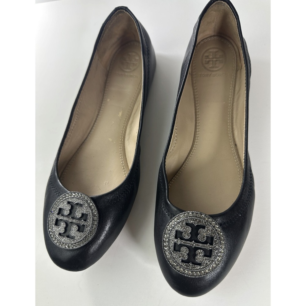Tory Burch Liana Rhinestone Jewel Embellished Ballet Flats Black Leather Sz 6.5 - Picture 4 of 16